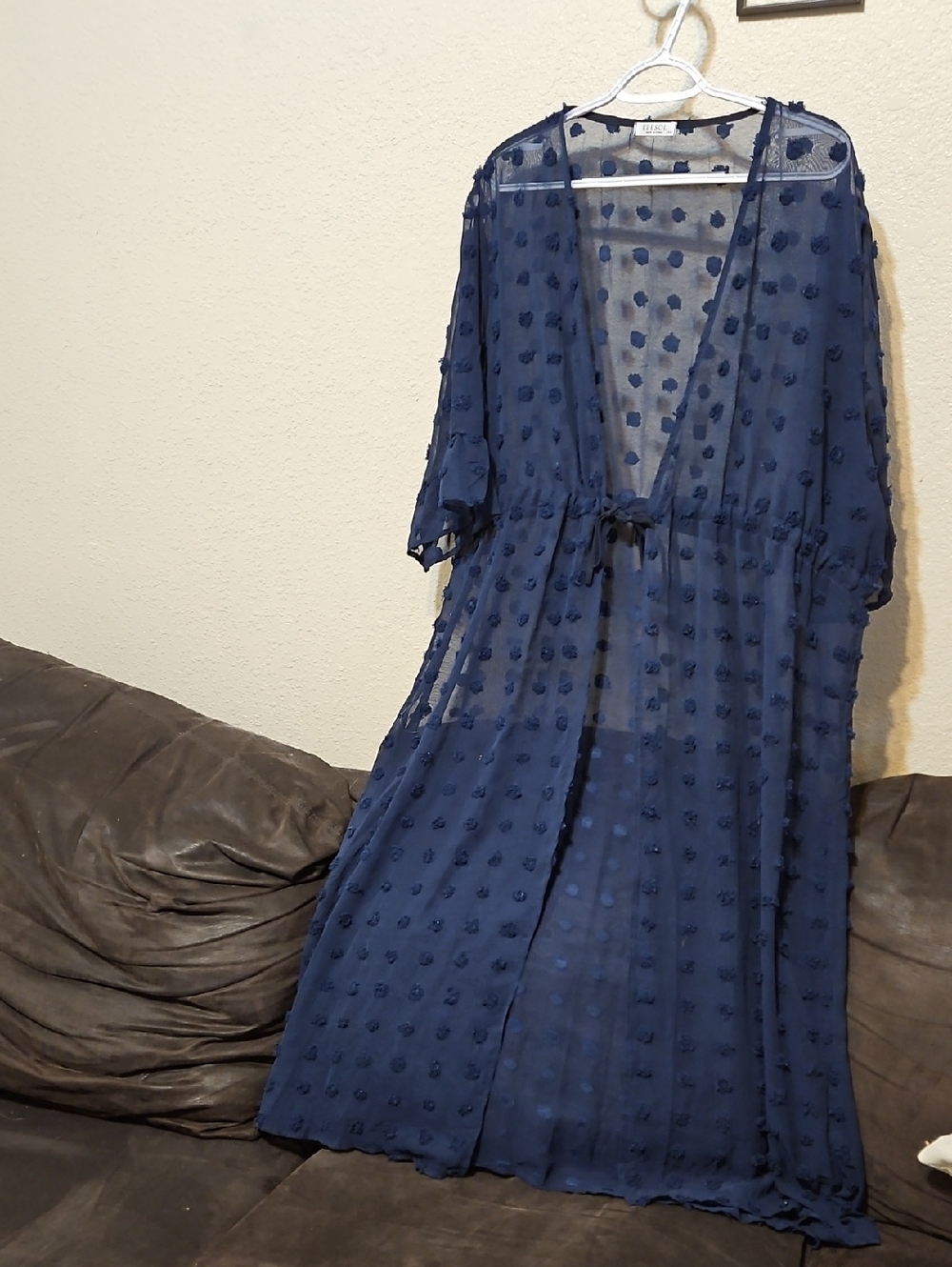 Sheer Navy Polka Dot Maxi Cardigan with Tie Closure